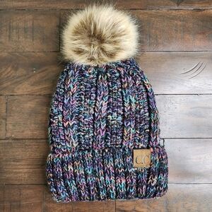 C.C Multicolored Marled Sherpa Lined Pom Pom Beanie Casual Winter Cold Weather